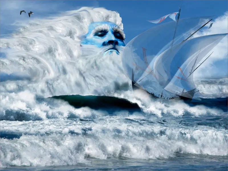 A painting of Mostrengo threatening portuguese ships