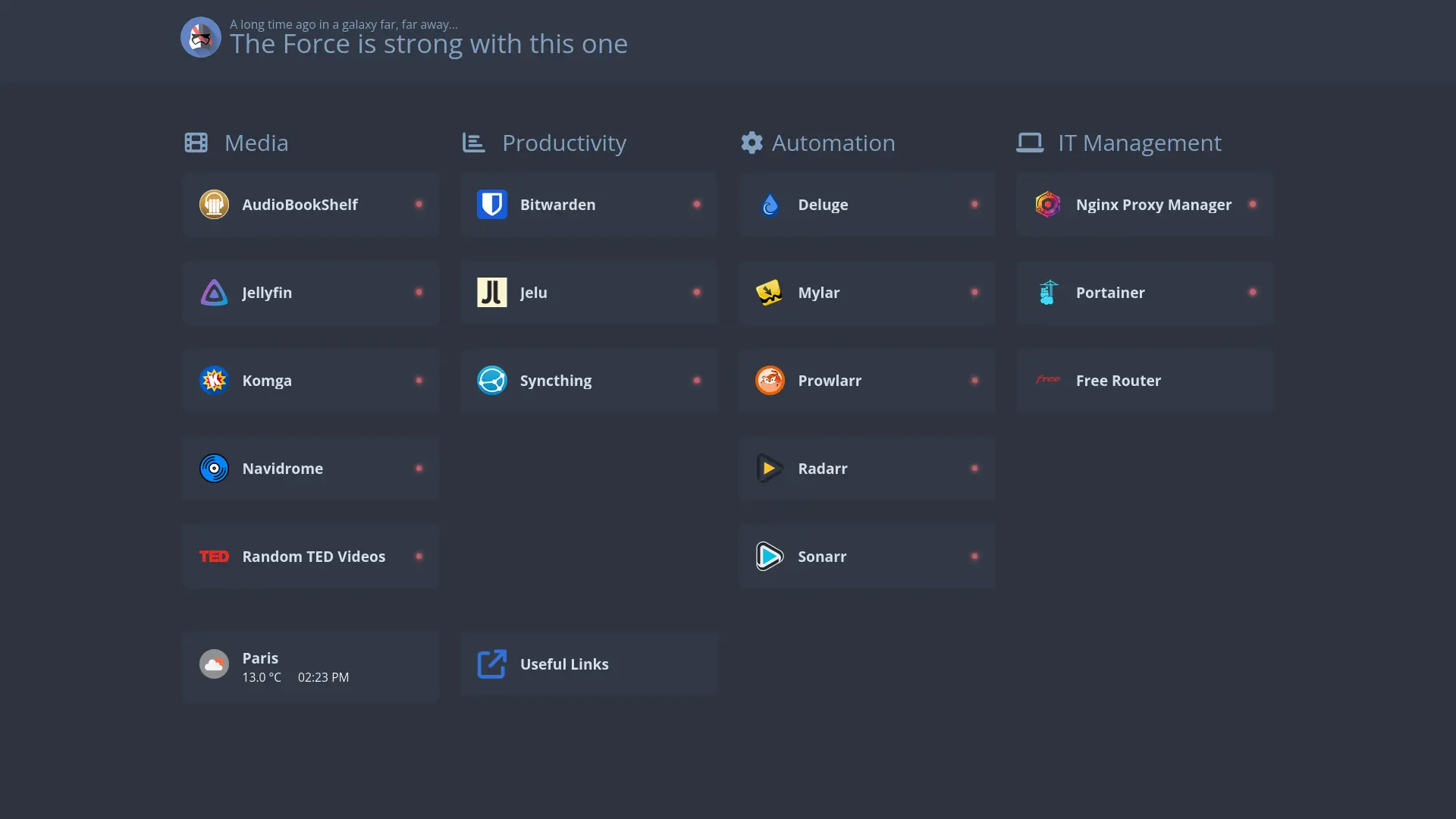 Screenshot of Homer Dashboard, showing all the services I use on my server